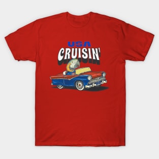 Funny and cute African blue and gold Macaw Bird driving a classic car cruising the USA T-Shirt